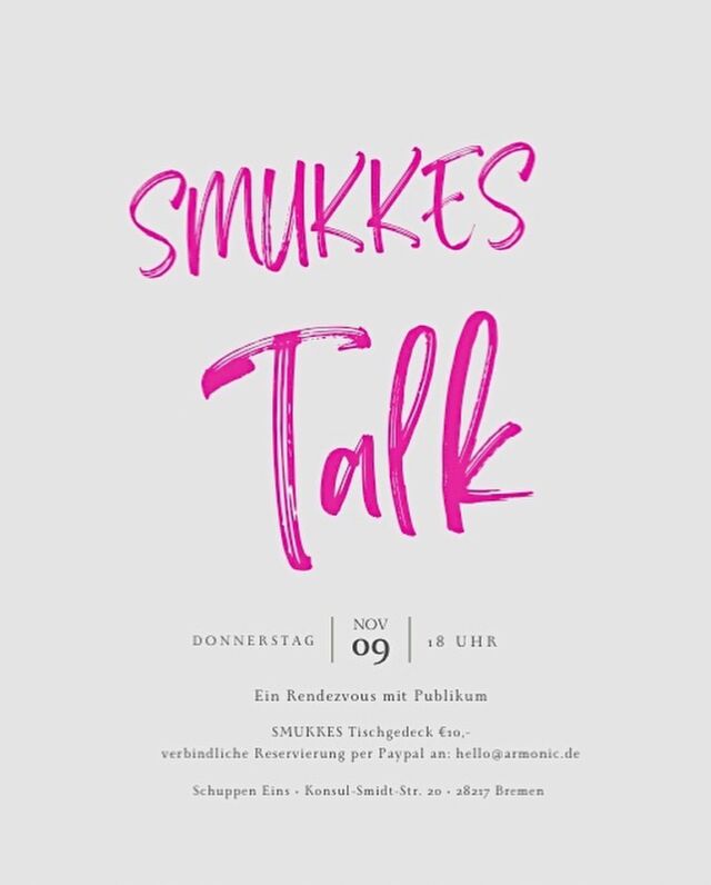 Versprochen ist versprochen, es wird viele tolle Neuigkeiten geben…somit freuen wir uns sehr, euch unser neues Format vorzustellen #smukkestalk 🩷
.
Wir laden euch ein zu einem geselligen #afterwork Miteinander, einem gedeckten Tisch, Vino, Snack und einem wechselnden Gast, der von unserer wundervoll unterhaltsamen, wortgewandten lieben Julia interviewt wird. 
.
Den Anfang machen wir selbst; wir sind also Gast in unserem eigenen Café und freuen uns auf einen unterhaltsamen Abend mit euch🥂🧀 🎤 
.
Wer sind wir eigentlich…und woher kommen wir…was treibt uns an…was erwartet euch mit uns noch und wo wollen wir eigentlich hin? 
.
Julia hat Fragen für eine gute Stunde im Gepäck, anschließend verweilt jeder so lange er will, gesellt sich mit der eigenen Begleitung, knüpft neue Kontakte oder genießt einfach nur die feierabendliche gemütliche Stimmung. 
.
Euch fällt direkt jemand ein, der tolles bewegt und interessantes zu erzählen hat? Dann freuen wir uns über eure Gast-Vorschläge 💌
.
Einen Platz inklusive Tischgedeck reserviert ihr euch für €10,- per Paypal an: hello@armonic.de
.
#smukkestalk #armonicbremen #bremenevents #networking #afterwork #bremen